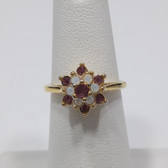 Vintage 1970s Gold Plated Purple Rhinestone Opal Cocktail Ring 18K HGE Sz 5¼ - Picture 5 of 10